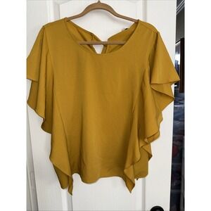 UMGEE Sz Short Ruffle Sleeve Top‎ Split Neck Boho Blouse Honey Mustard 4912